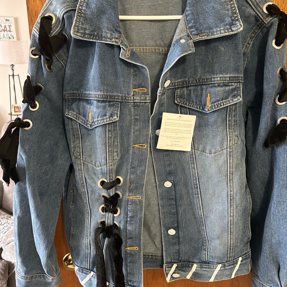Wren and Glory Trendy Blue Denim Jacket with Black Lace-Up Accents